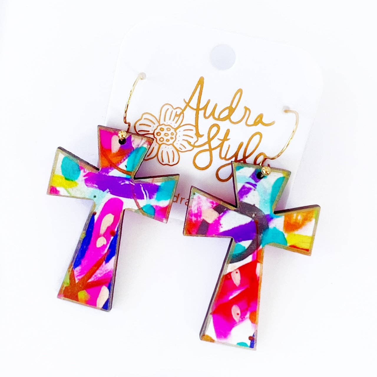 Cross Dangle Earring- Abstract Print-Religious Audra Style
