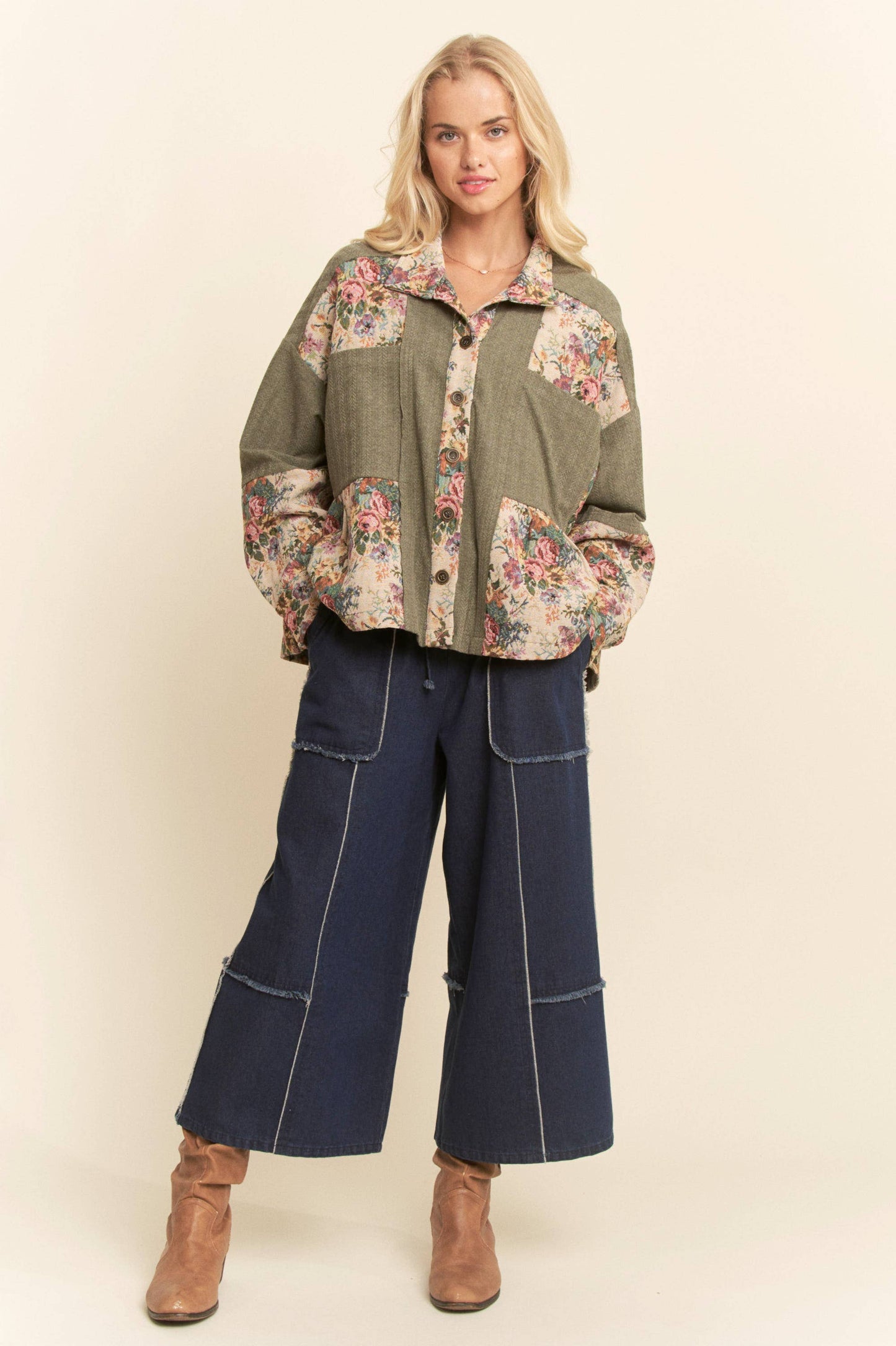 GARDEN KNIT BLOCKED BUTTON FRONT PEPLUM SHIRT