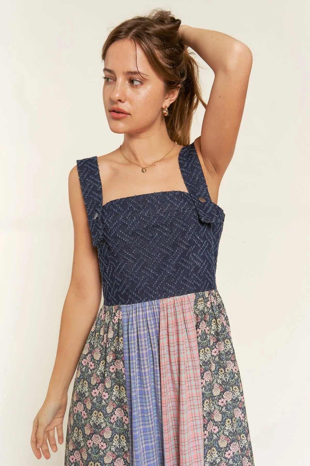 Becky- VINTAGE PLAID/FLORAL & DENIM SUSPENDER MAXI DRESS 926 West
