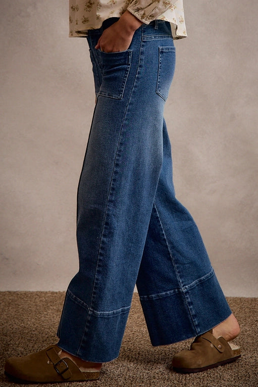 Mid Rise Flare Pin Tuck Bottom Demin Jeans front Patch Pocket