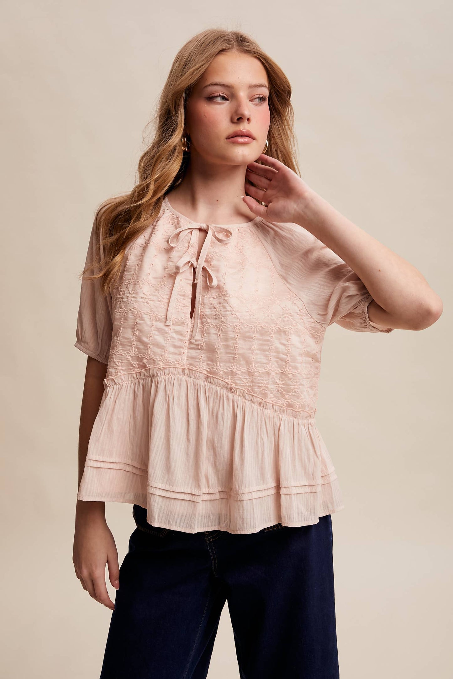 Embroidered Peplum Tie-Front Top – Petal