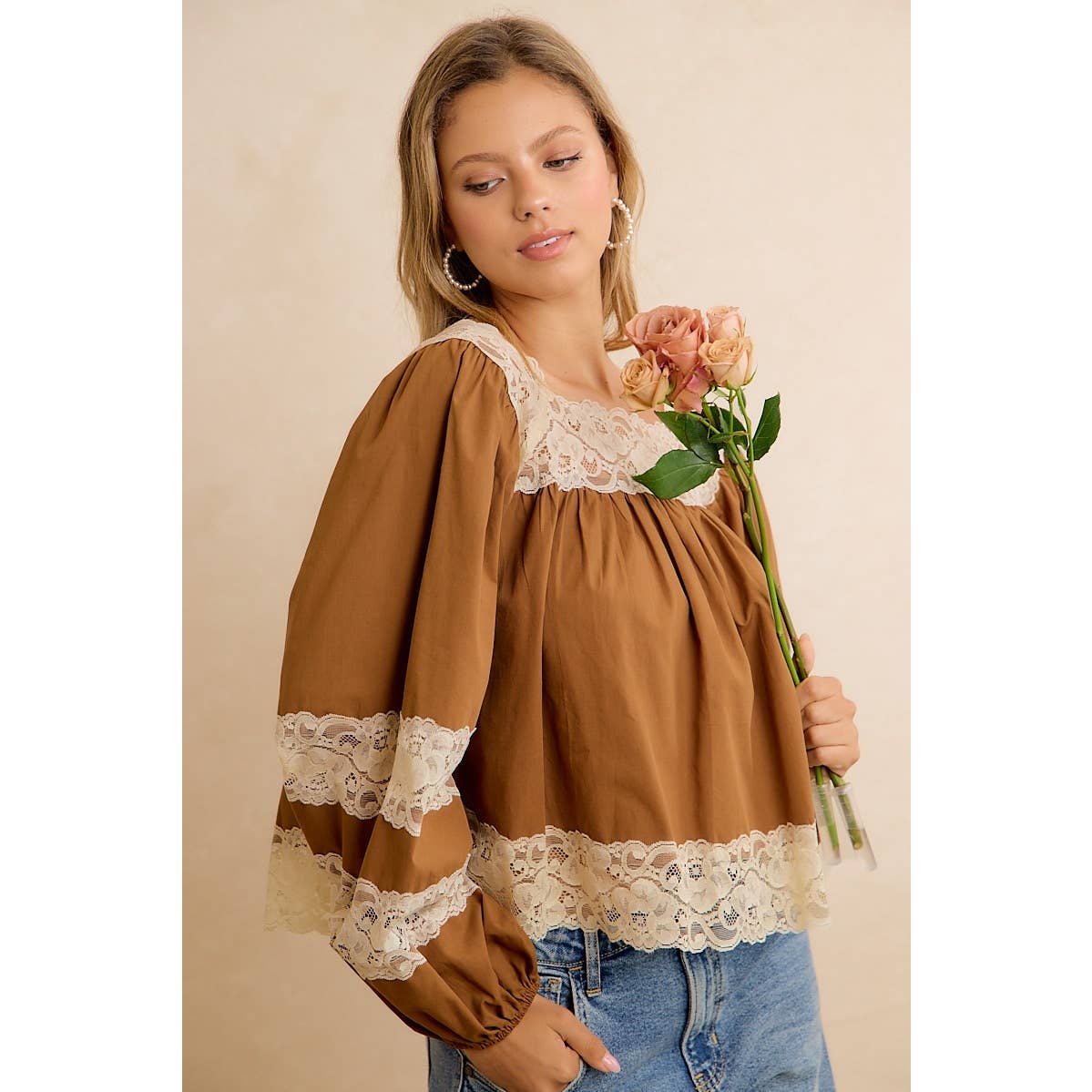 BiBi Camel Lace-Trim Balloon Sleeve Blouse