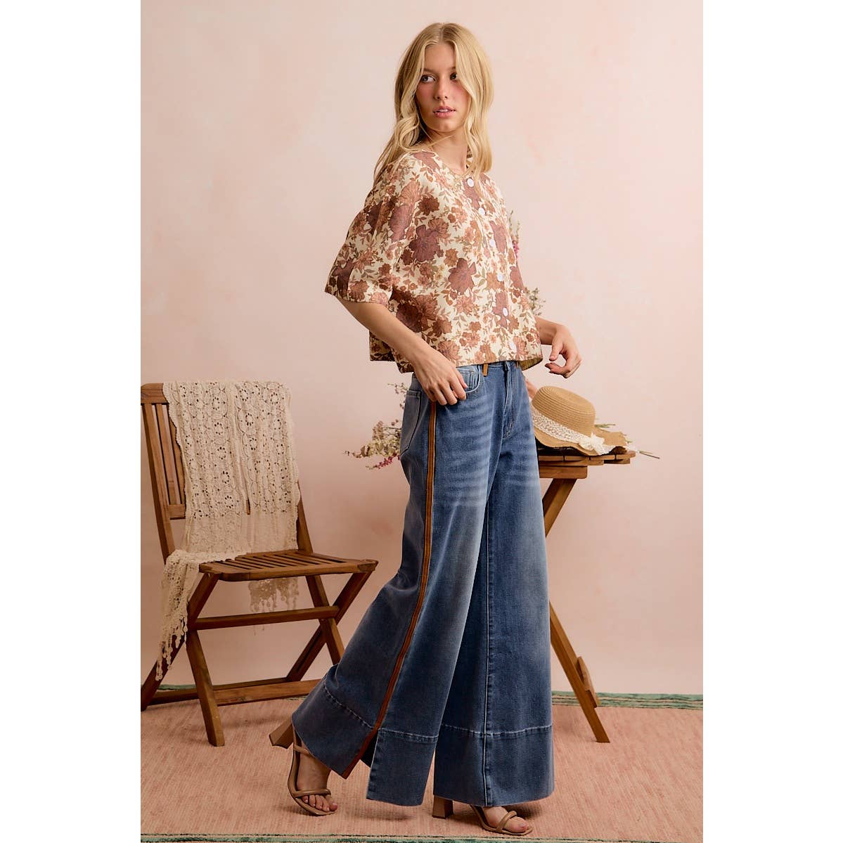 Wide-Leg Flare Washed Denim Jeans with Side-Seam Detail
