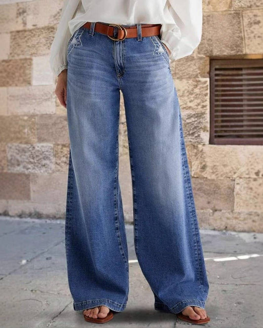 Vintage Wide-Leg Embroidered Casual Jeans Rosa Clothing