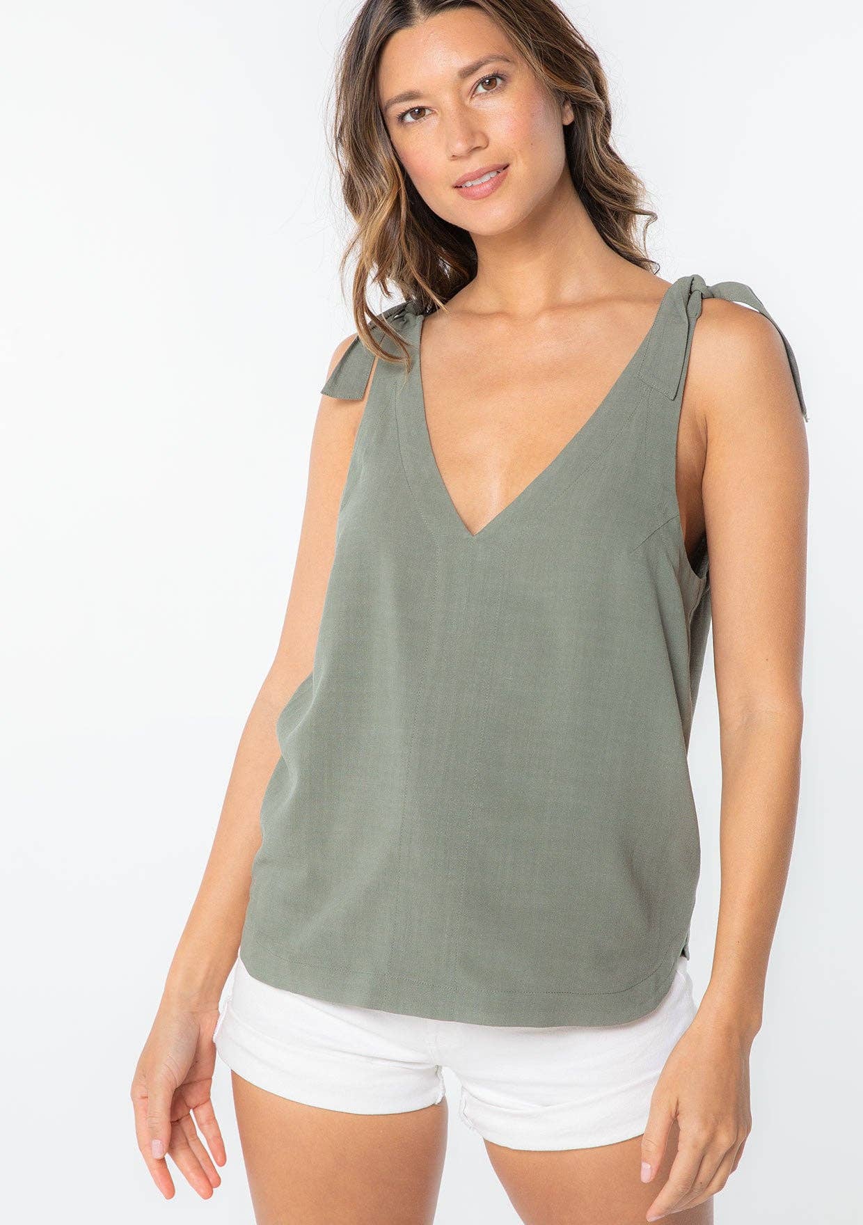 FINAL SALE- Linen Blend Double V Neck Tank Top 926 WEST