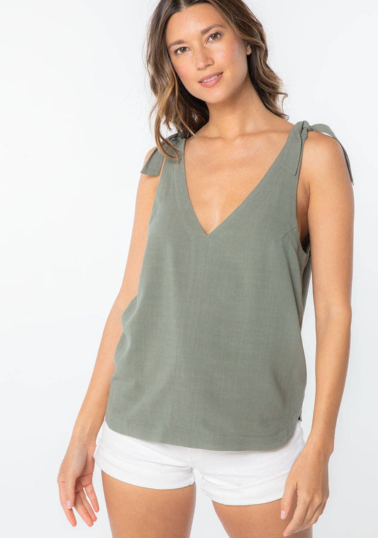 FINAL SALE- Linen Blend Double V Neck Tank Top 926 WEST