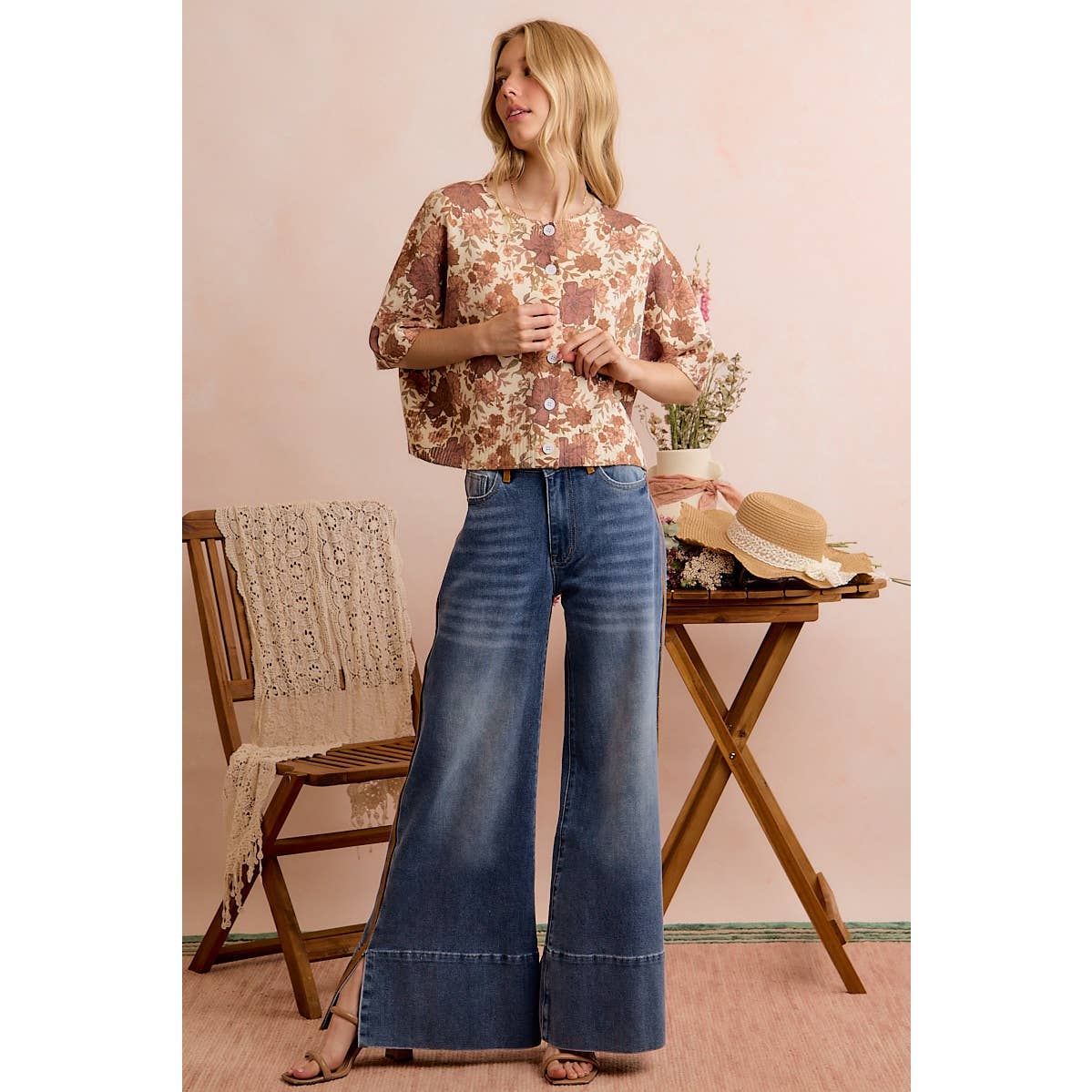 Wide-Leg Flare Washed Denim Jeans with Side-Seam Detail