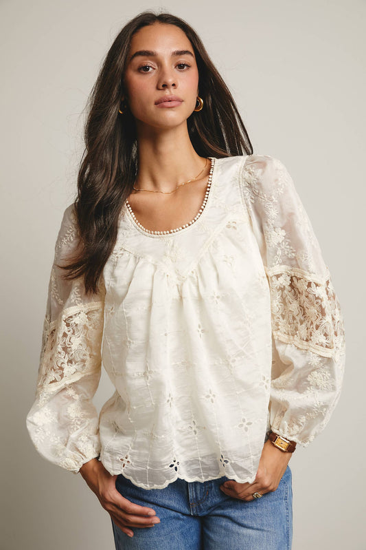 Forte - Embroidered Lace Puff Sleeve Blouse