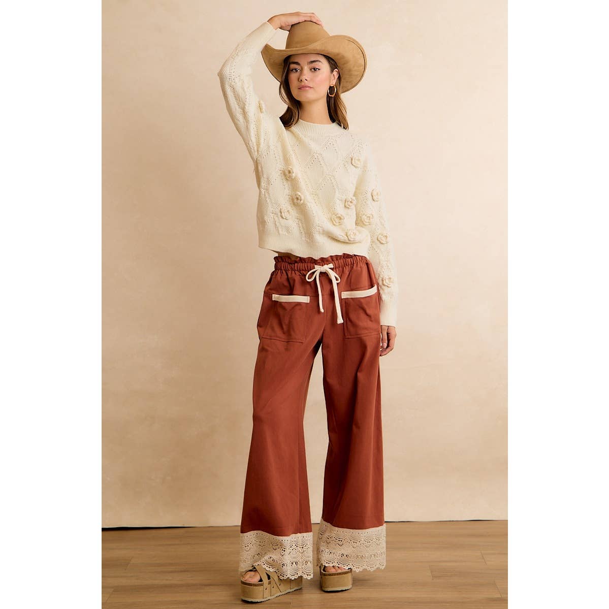BiBi Solid Cotton Pants with Lace-Trimmed Hem