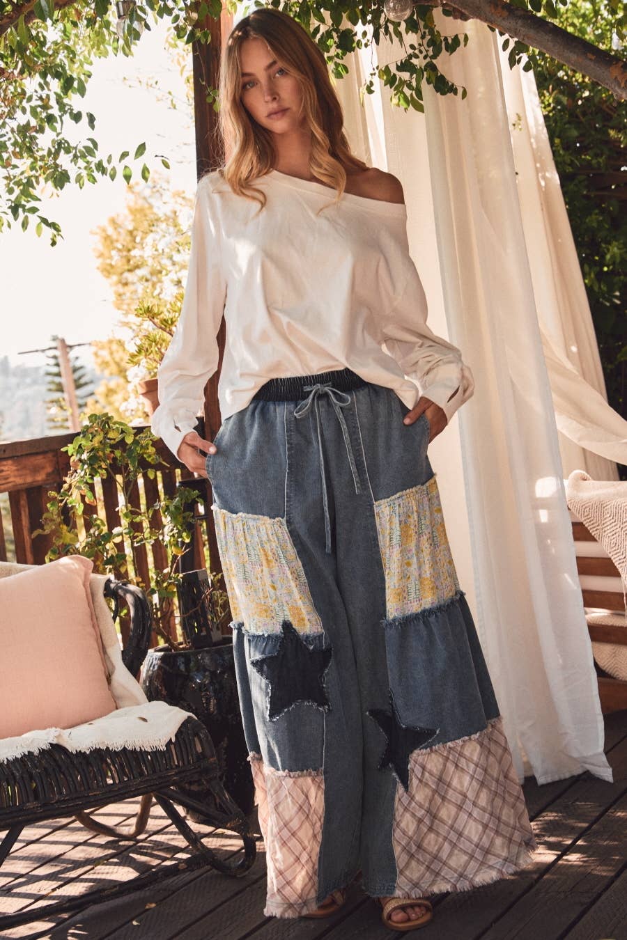Oddi - Mixed Fabric Patchwork Wide Leg Pants