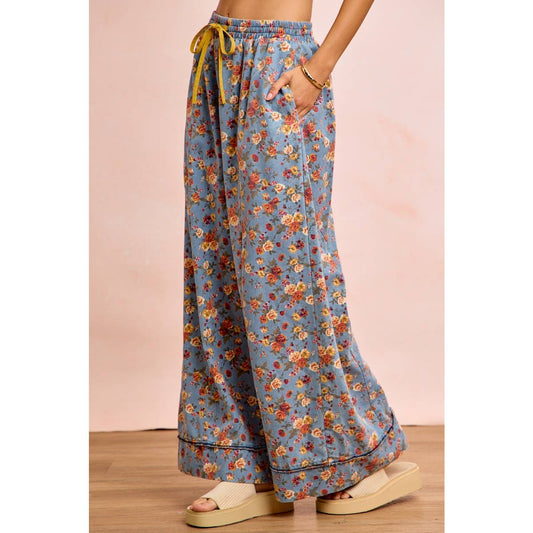 Floral Print Drawstring Wide-Leg Pants