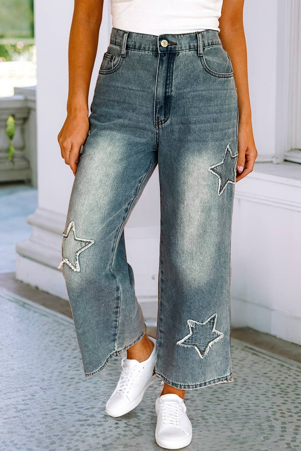 LDC Star Patchwork Light Wash Wide Leg High Waist Jeans Little Daisy Closet