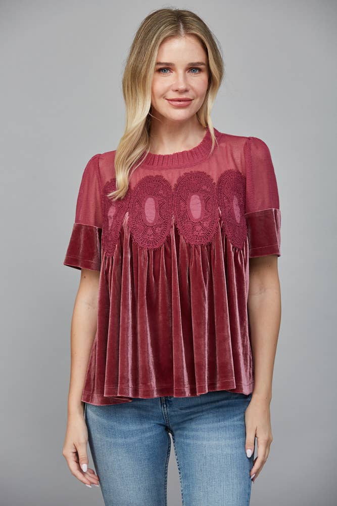 LACE DETAIL VELVET BABYDOLL TOP FATE