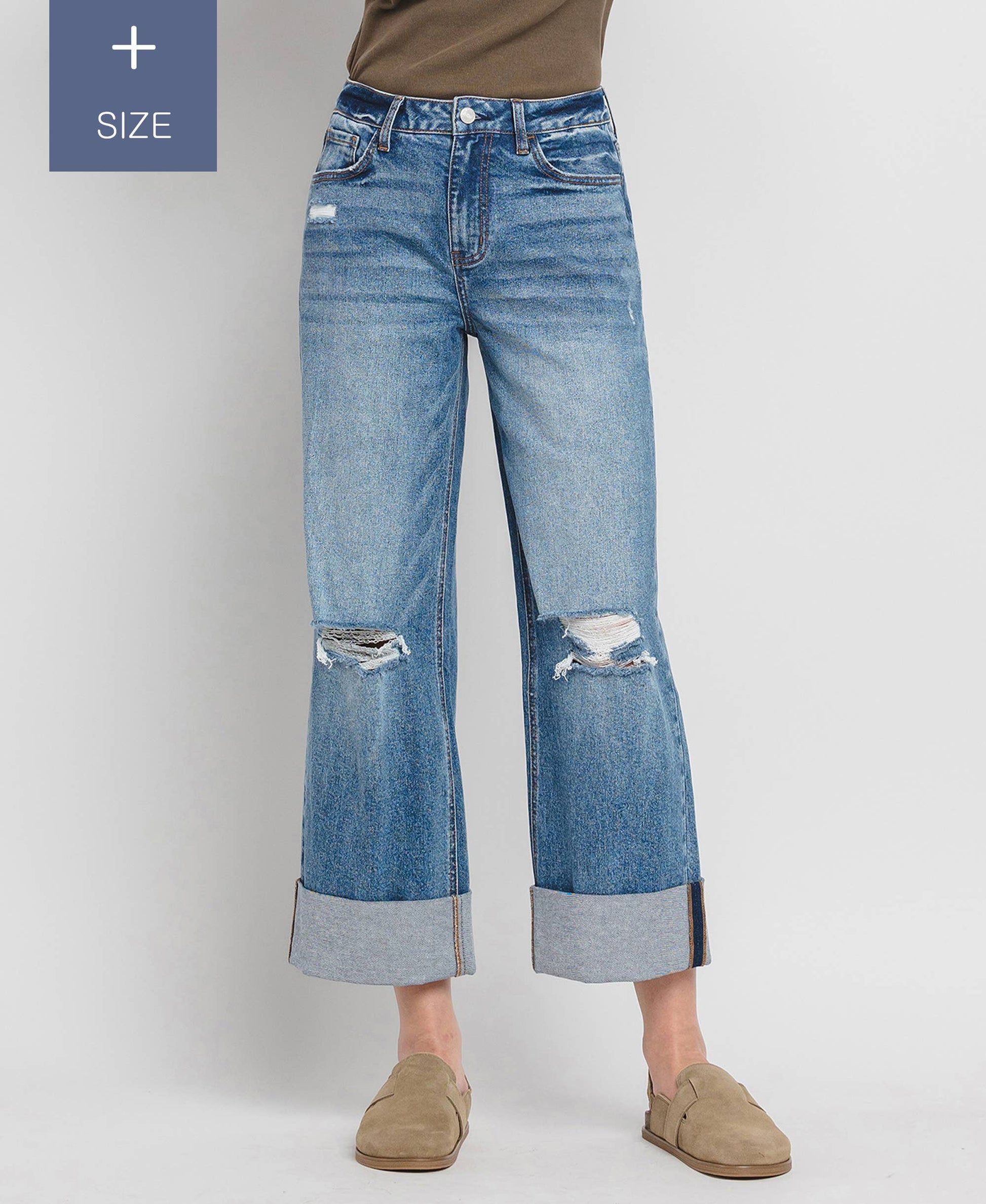 PLUS SIZE SUPER HIGH RISE CUFFED BAGGY WIDE JEANS LV1459-P Lovervet by VERVET