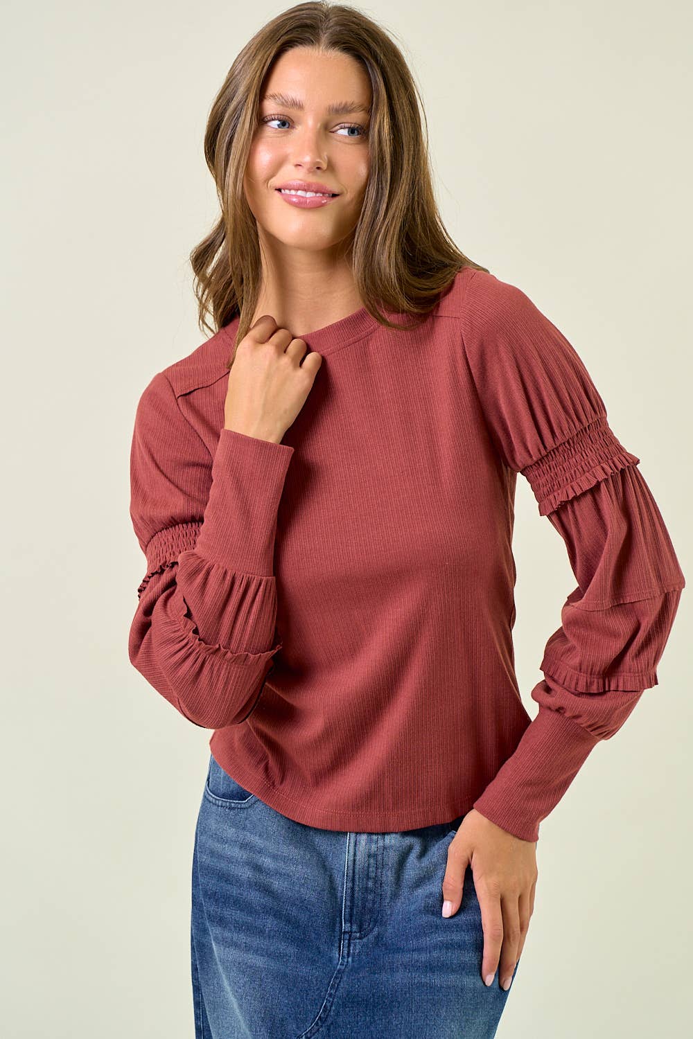 ROUND NECK SMOCKED LONG SLEEVE TOP