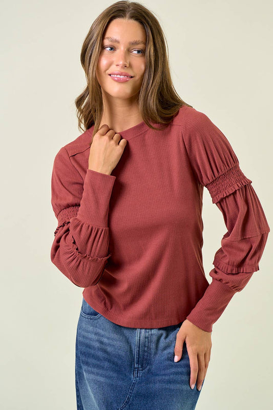 ROUND NECK SMOCKED LONG SLEEVE TOP