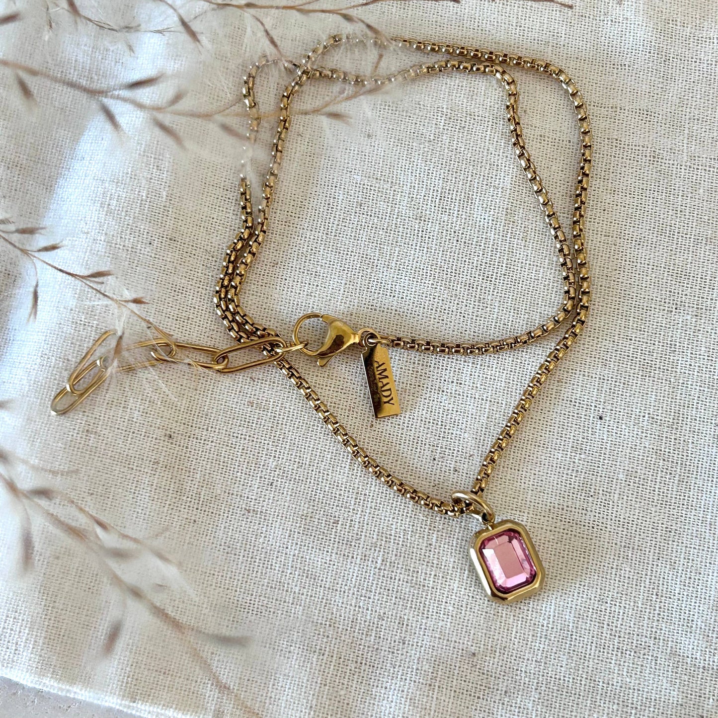 Pink Crystal Pendant Necklace | 18K Gold Plated Box Chain