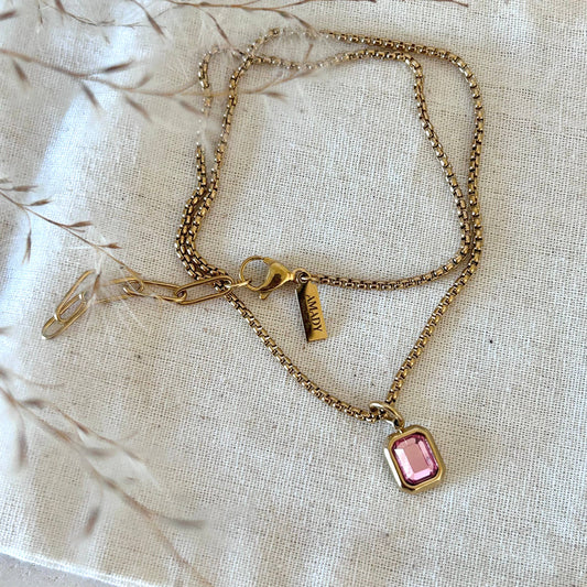 Pink Crystal Pendant Necklace | 18K Gold Plated Box Chain