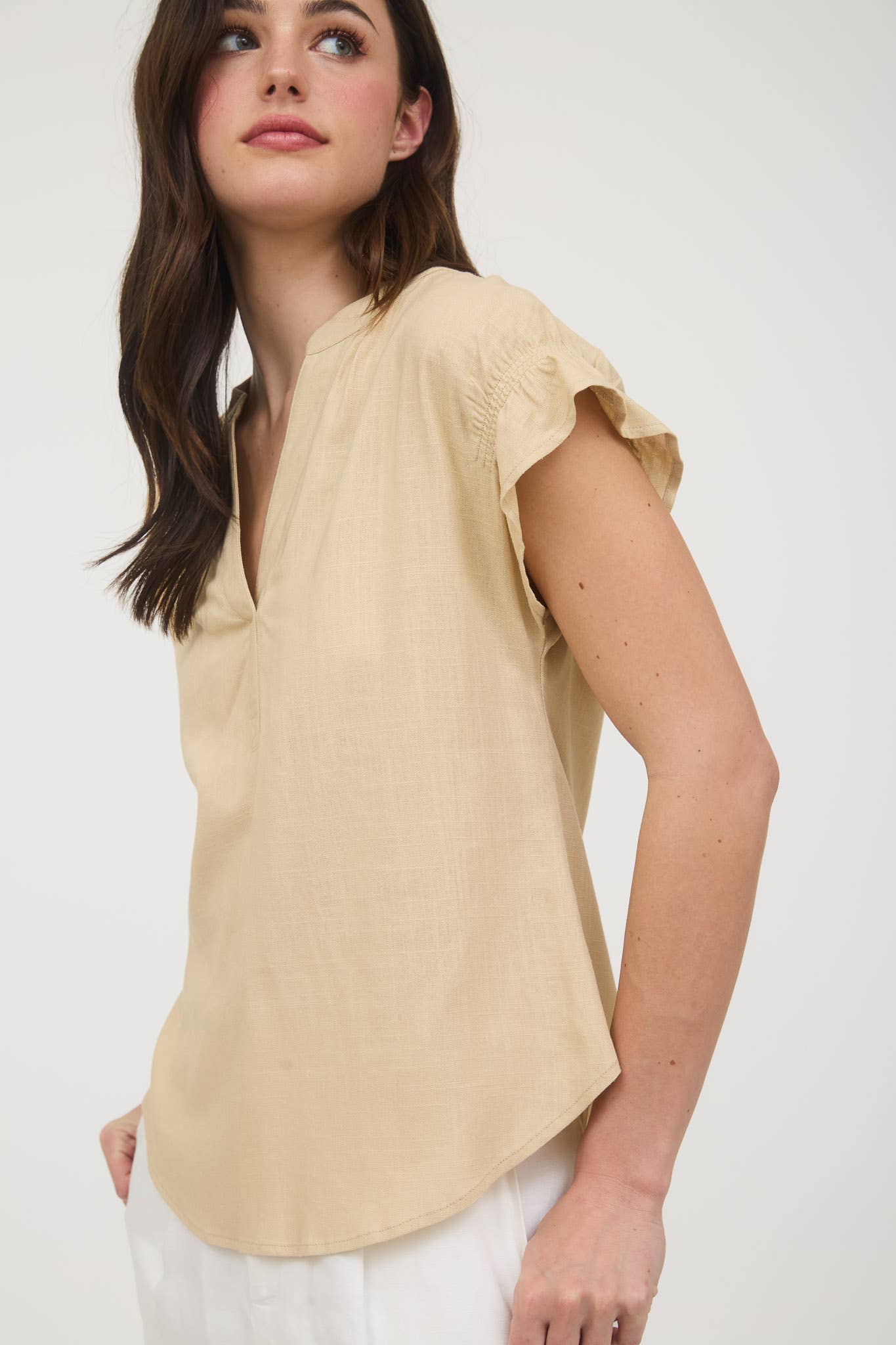Blu Pepper The Split Neck Ruched Linen Blouse