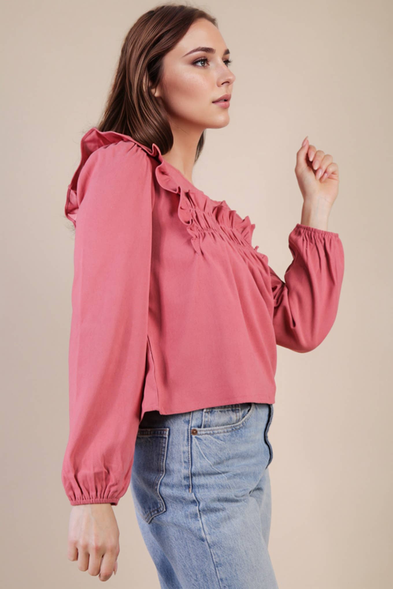 VERY J -Casual Ruffle Shoulder Woven Blouse Top