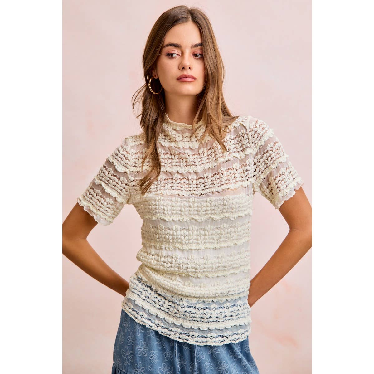 Short Sleeve Ruffle Floral Lace Top