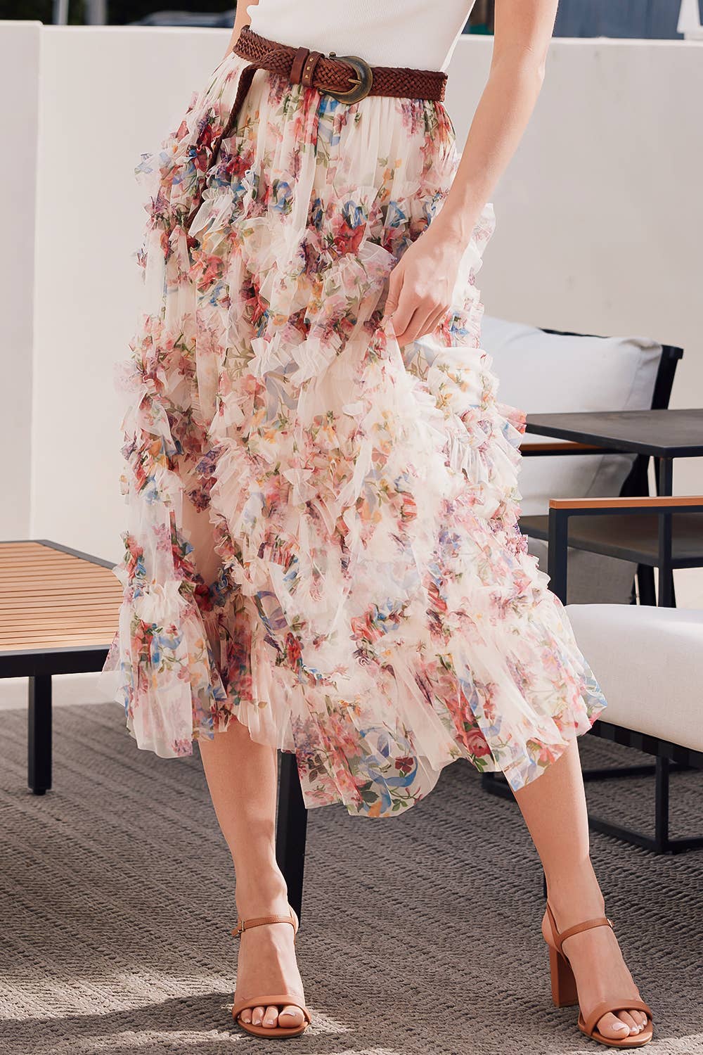 FLORAL RUFFLED MESH MIDI SKIRT Bluivy