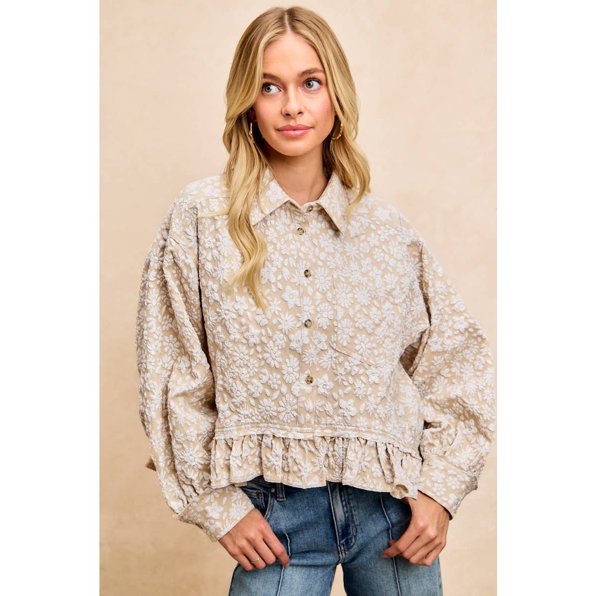 Textured Floral Ruffled Hem Button-Up Top