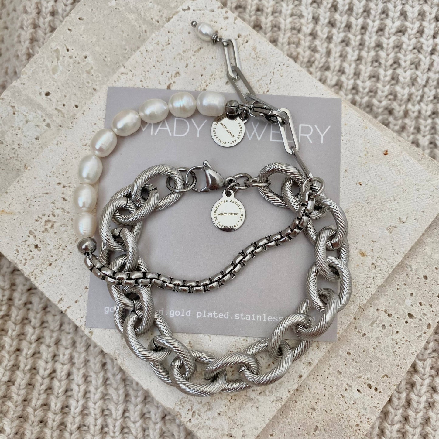 Pearls Bracelet Silver stainless steel box chain adjustable
