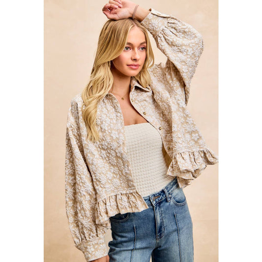 Textured Floral Ruffled Hem Button-Up Top