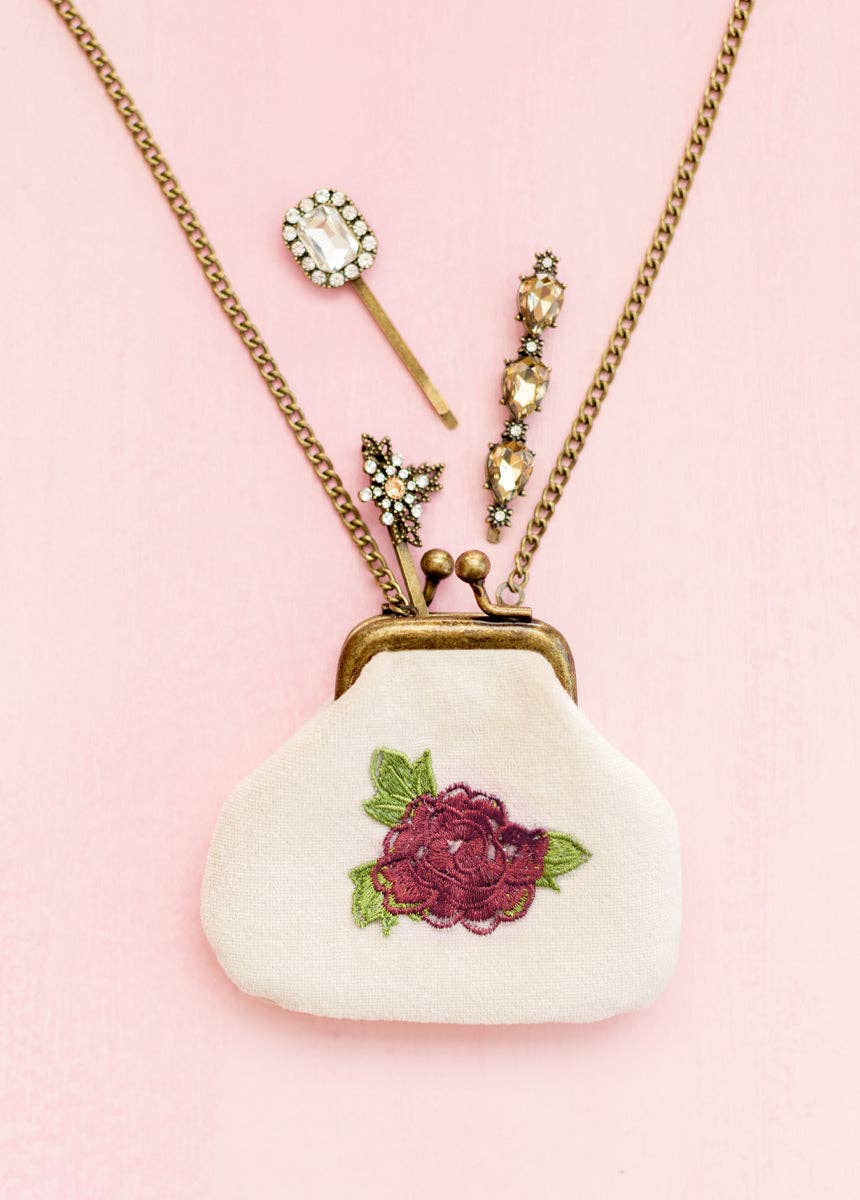 Deavaney Velvet Coin Purse in Cream | Embroidered Flower