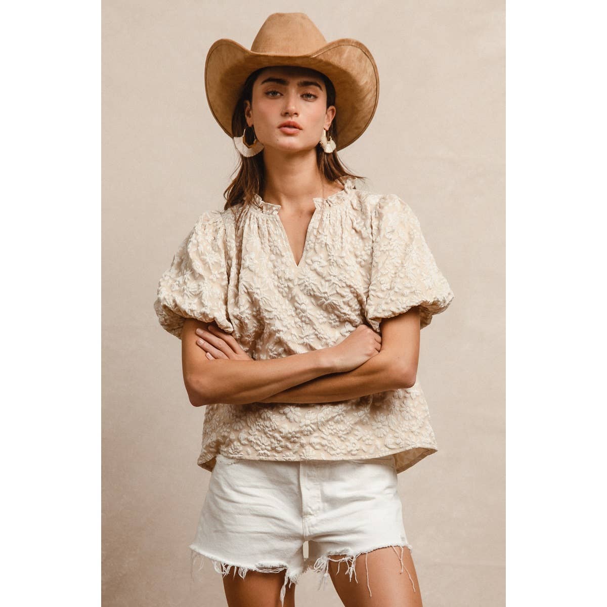 Floral Texture Balloon Sleeve V-Neck Top