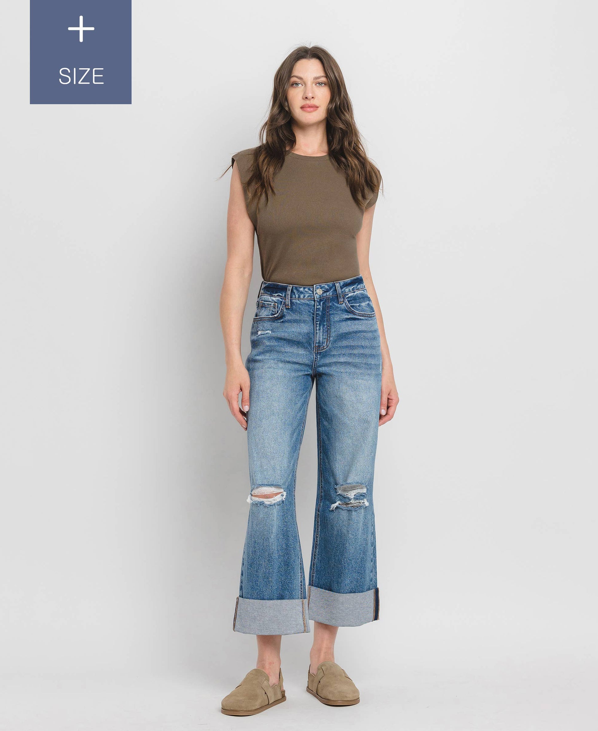 PLUS SIZE SUPER HIGH RISE CUFFED BAGGY WIDE JEANS LV1459-P Lovervet by VERVET