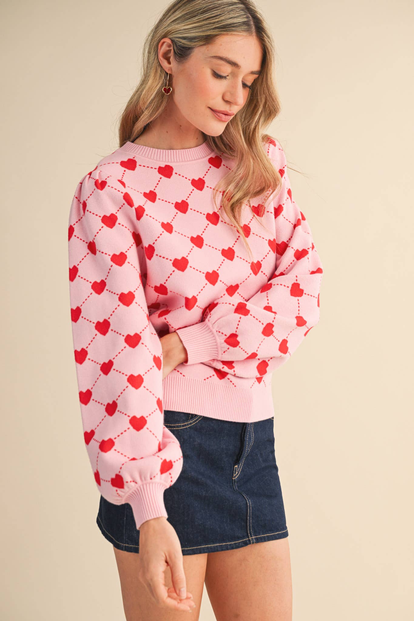 HEART KNIT PUFF SLEEVE SWEATER &MERCI