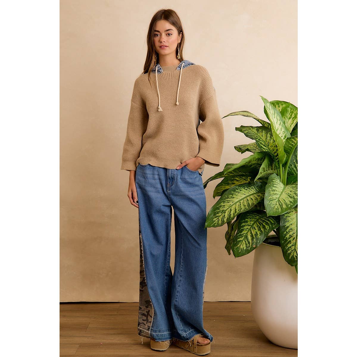 Denim Contrast Hooded Knit Pullover Top