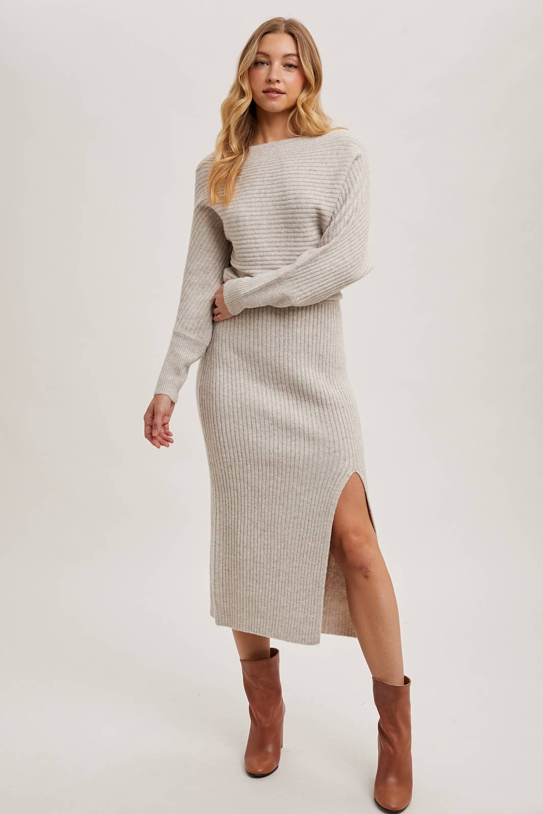 ONE SHOULDER OFF SIDE SLIT MIDI KNIT SWEATER DRESS Bluivy