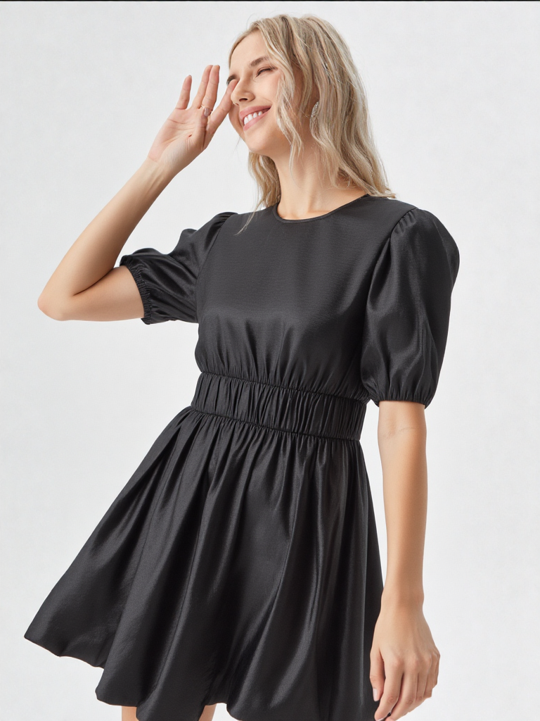VERY J - Puff Sleeve Bubble Hem Shiny Party Mini Dress - 926 West