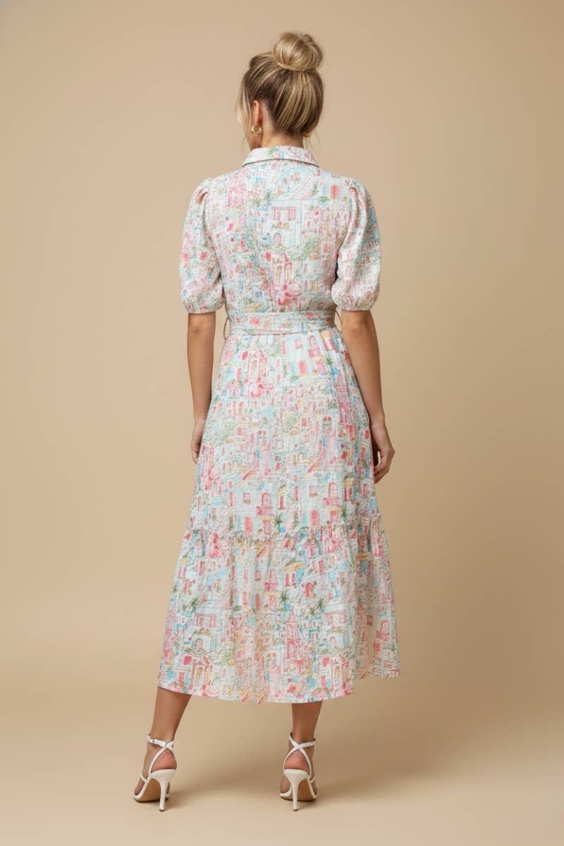 J.NNA - Color Village Print Multi Color Printed Midi Dress