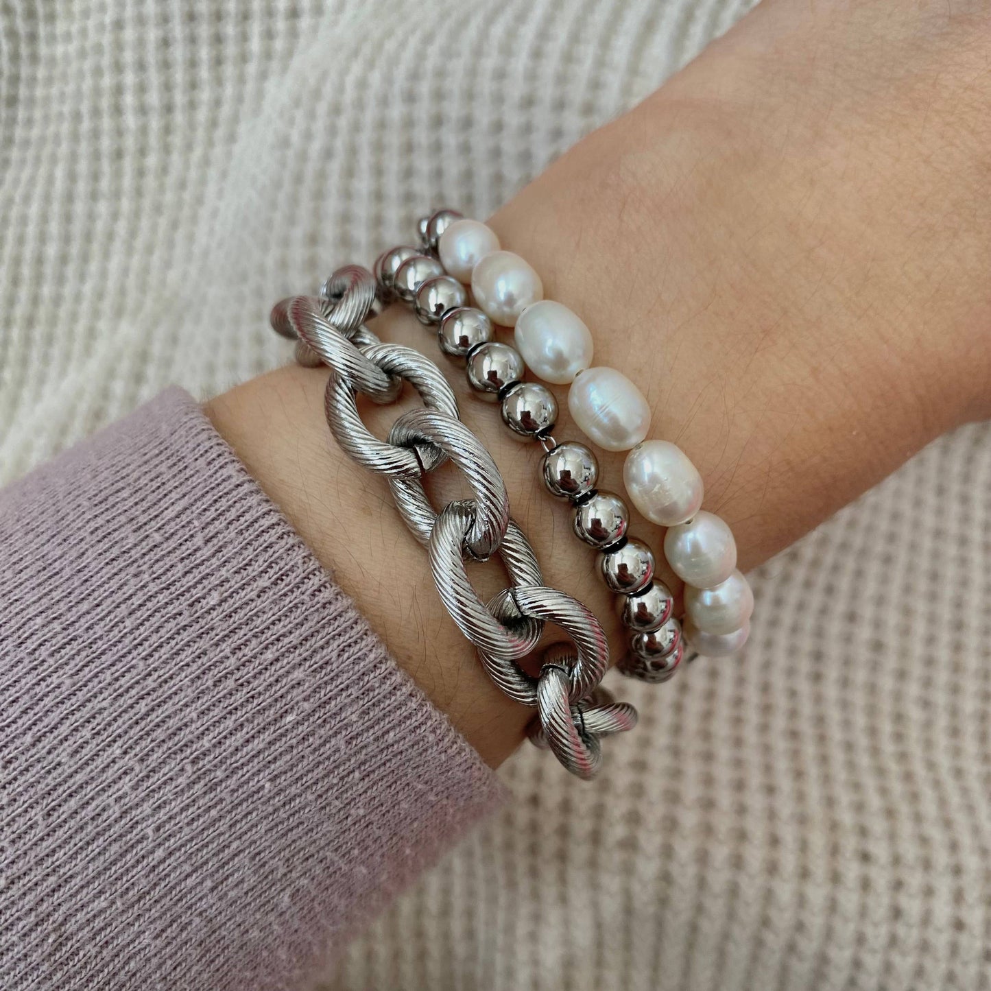 Pearls Bracelet Silver stainless steel box chain adjustable