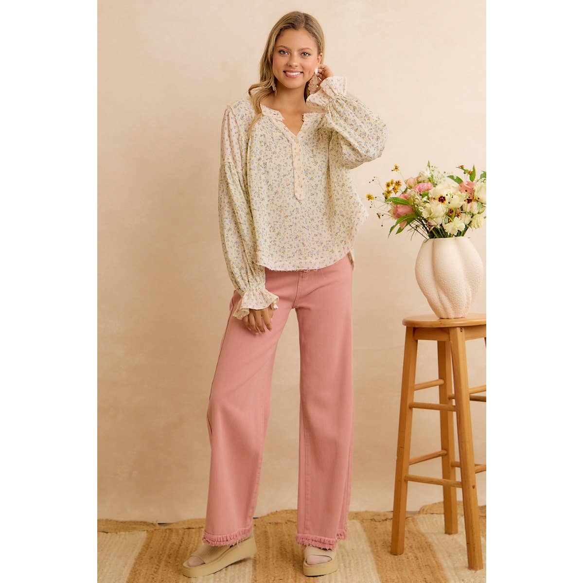 BiBi Floral Crinkle Gauze Button-Front Blouse
