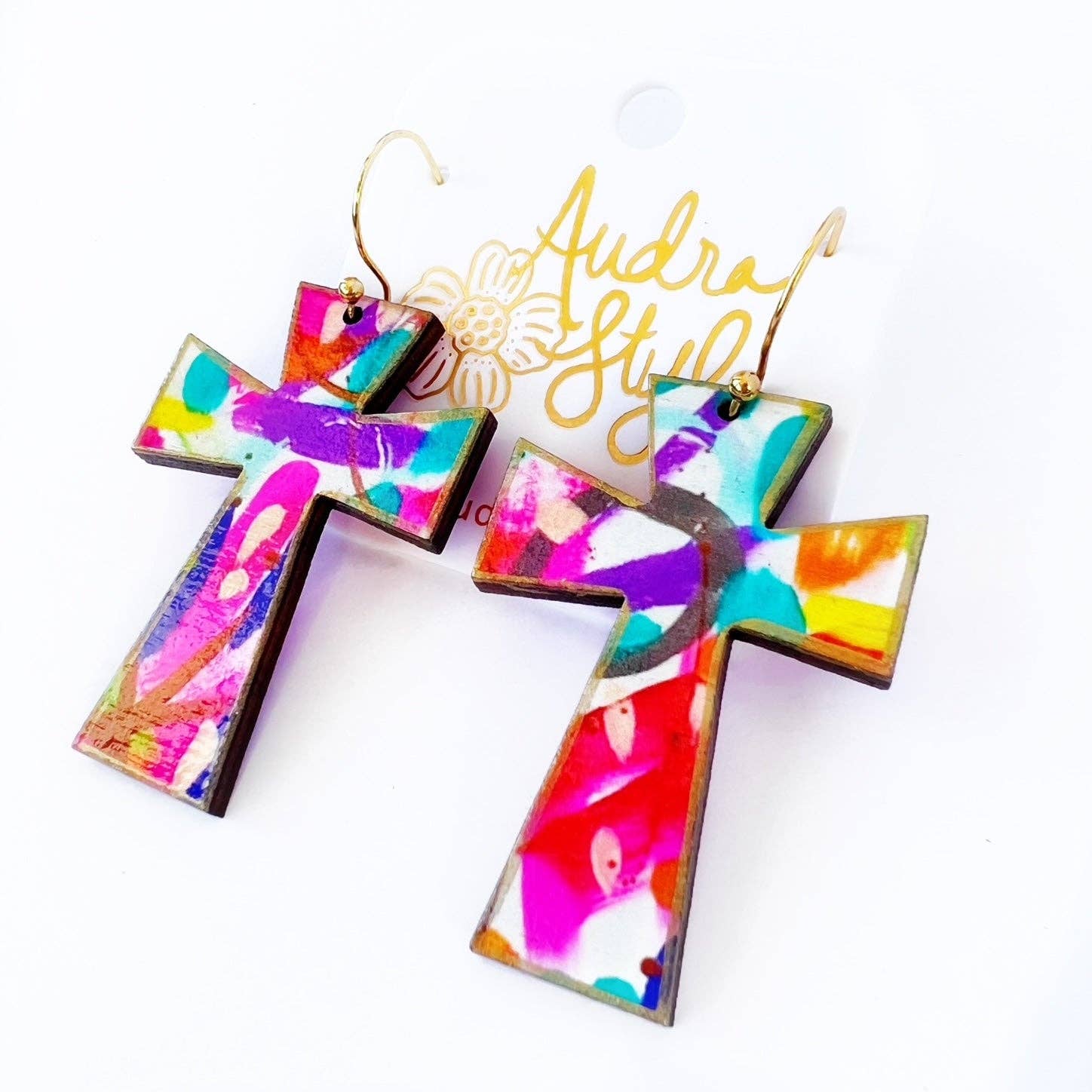 Cross Dangle Earring- Abstract Print-Religious Audra Style