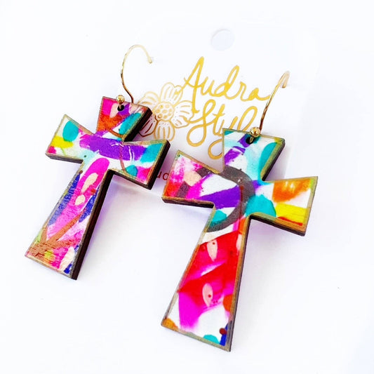 Cross Dangle Earring- Abstract Print-Religious Audra Style