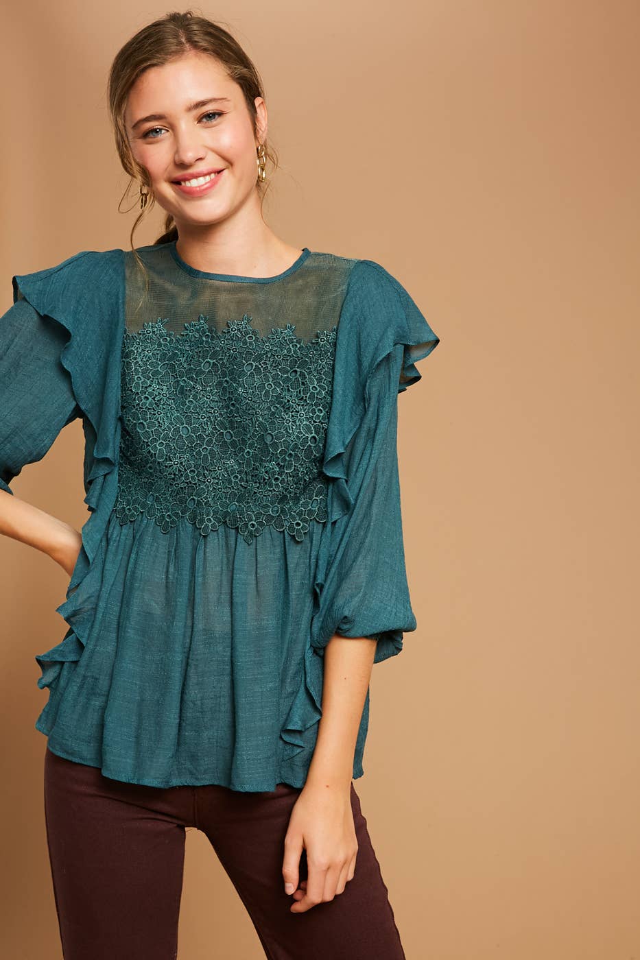 Emerald Green Floral Lace Ruffle Peasant Blouse