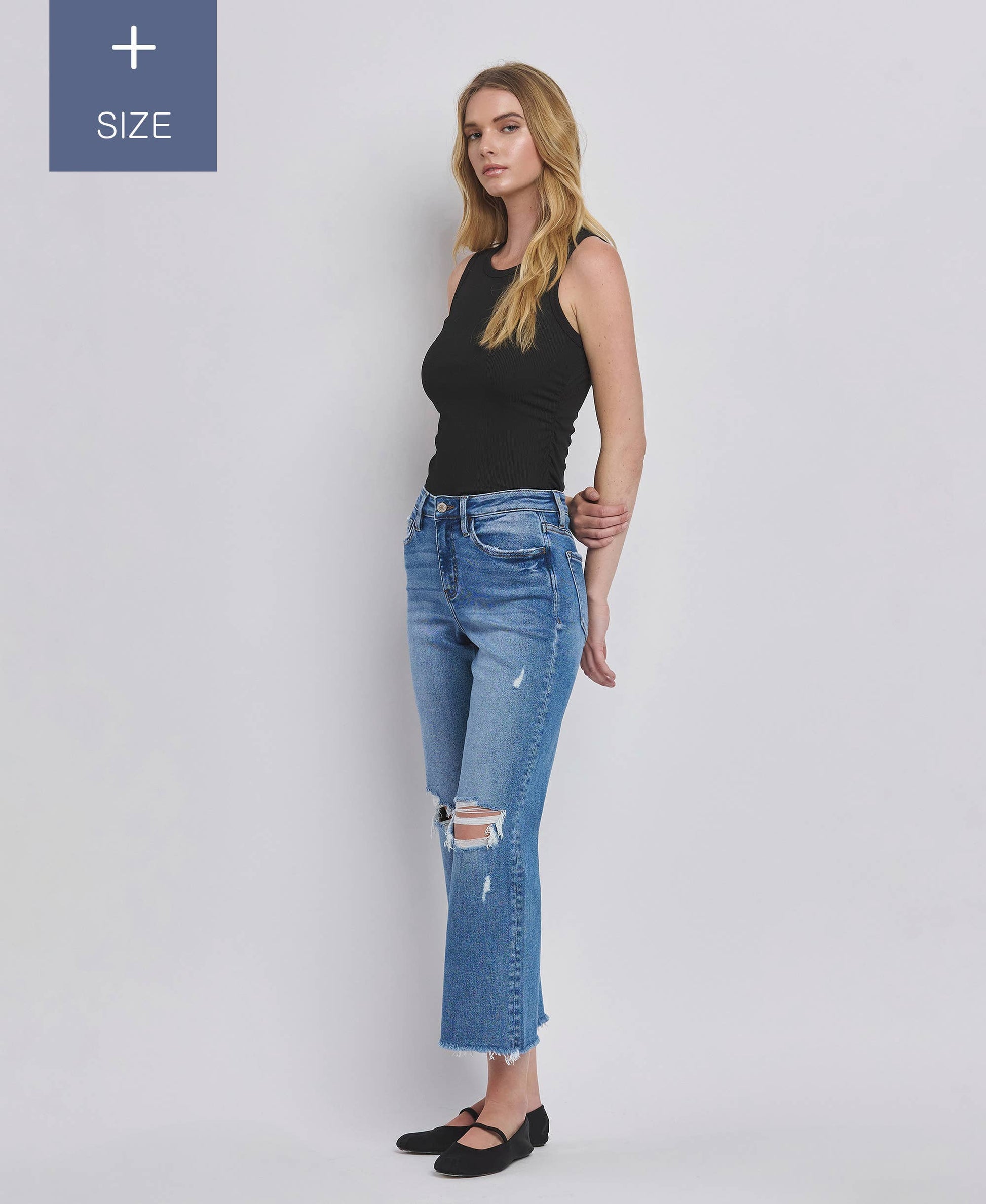 PLUS SIZE HIGH RISE DISTRESSED CROP STRAIGHT JEANS LV1385-P Lovervet by VERVET
