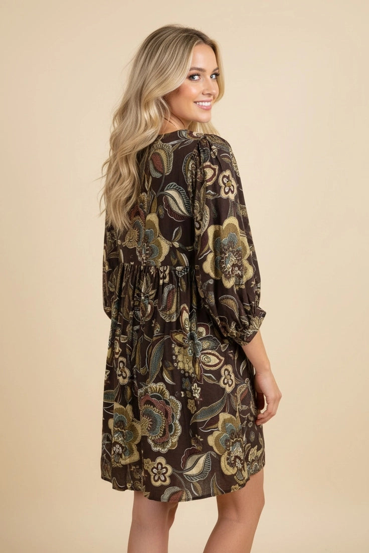 Long Sleeve Botanical Print Babydoll Mini Dress