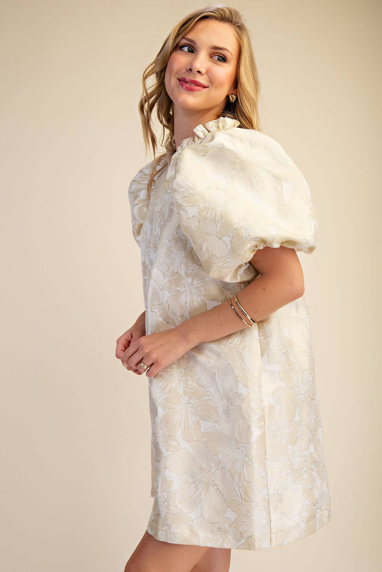 Glam Champagne Ruffle V-Neck Puff Sleeve Mini Dress - 926 West