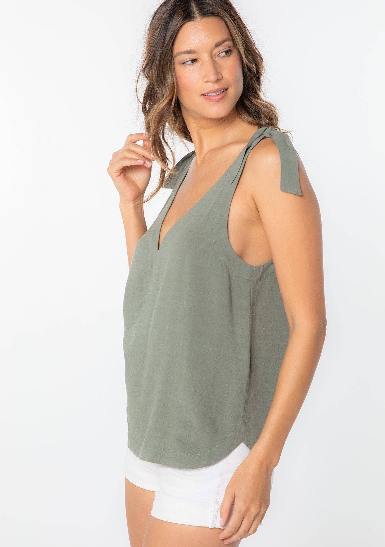 FINAL SALE- Linen Blend Double V Neck Tank Top 926 WEST