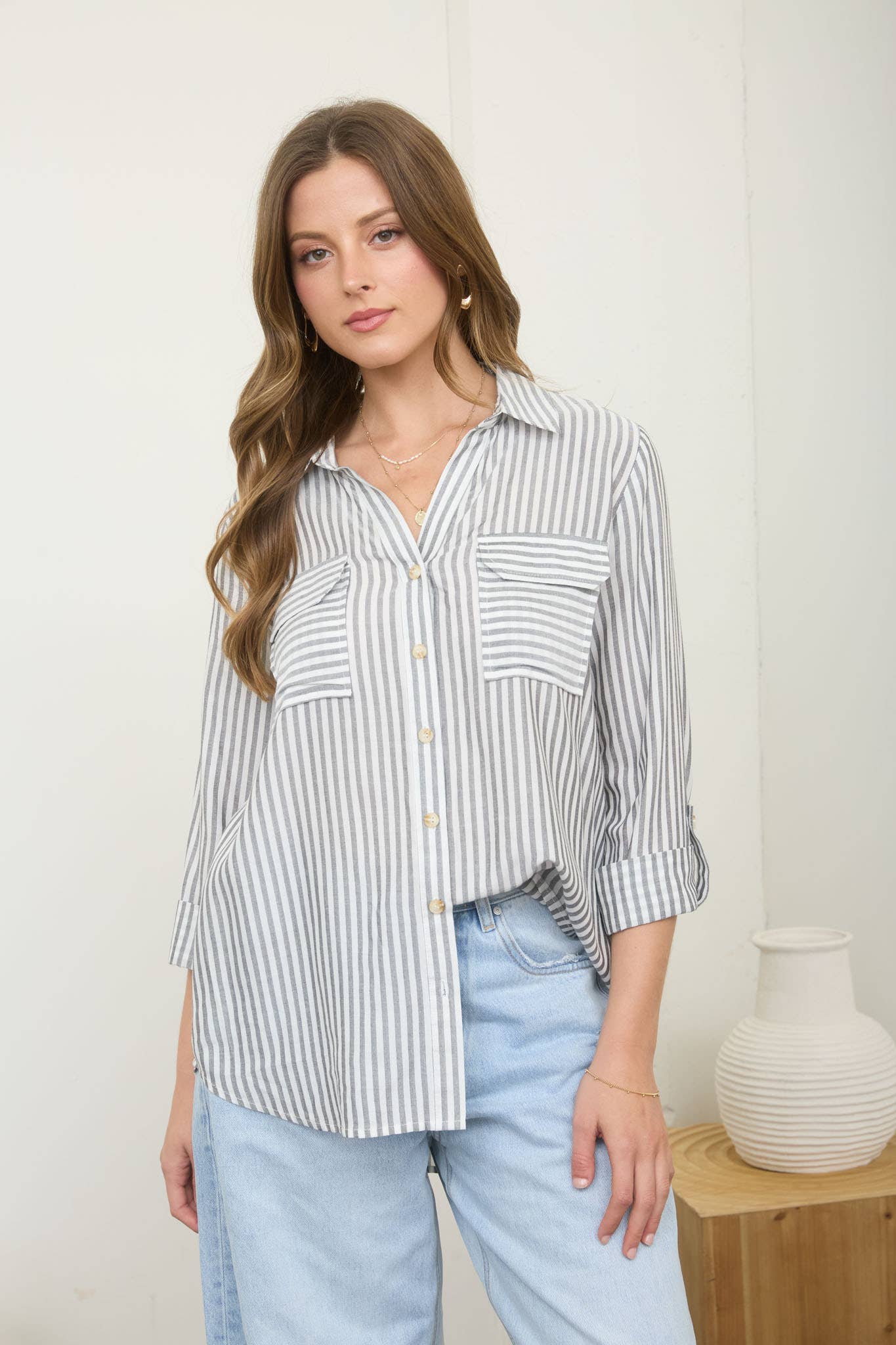 Blu Pepper Stripe Collared Button-Down Lightweight Shirt