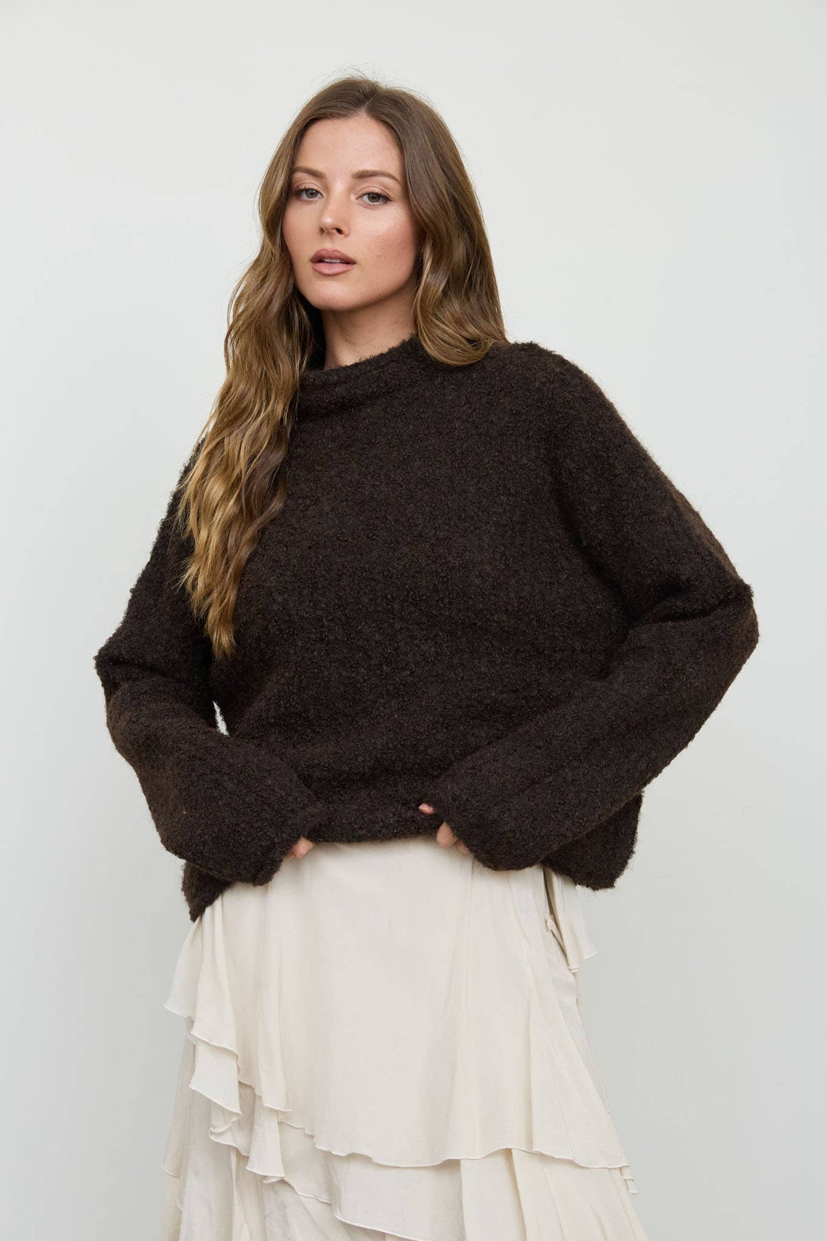 Blu Pepper Chocolate Brown Fuzzy Mock Neck Sweater