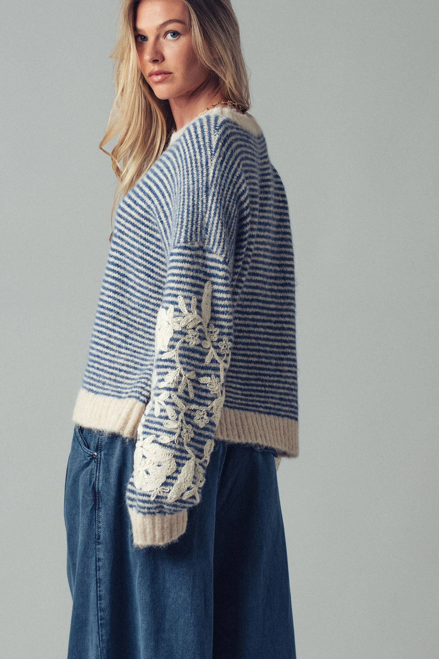 Floral Embroidered Striped Knit Sweater Urban Daizy