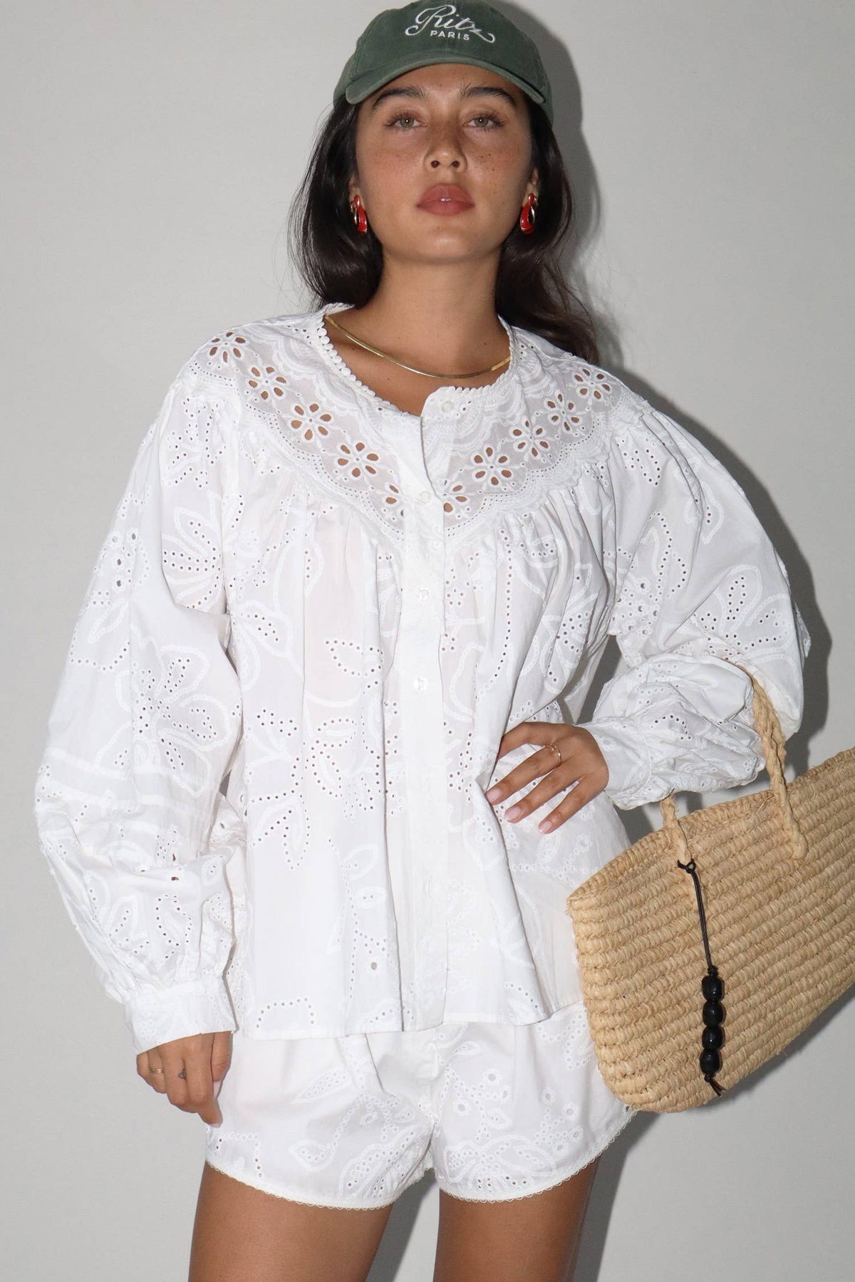 Eyelet Cotton Button Detail Shorts